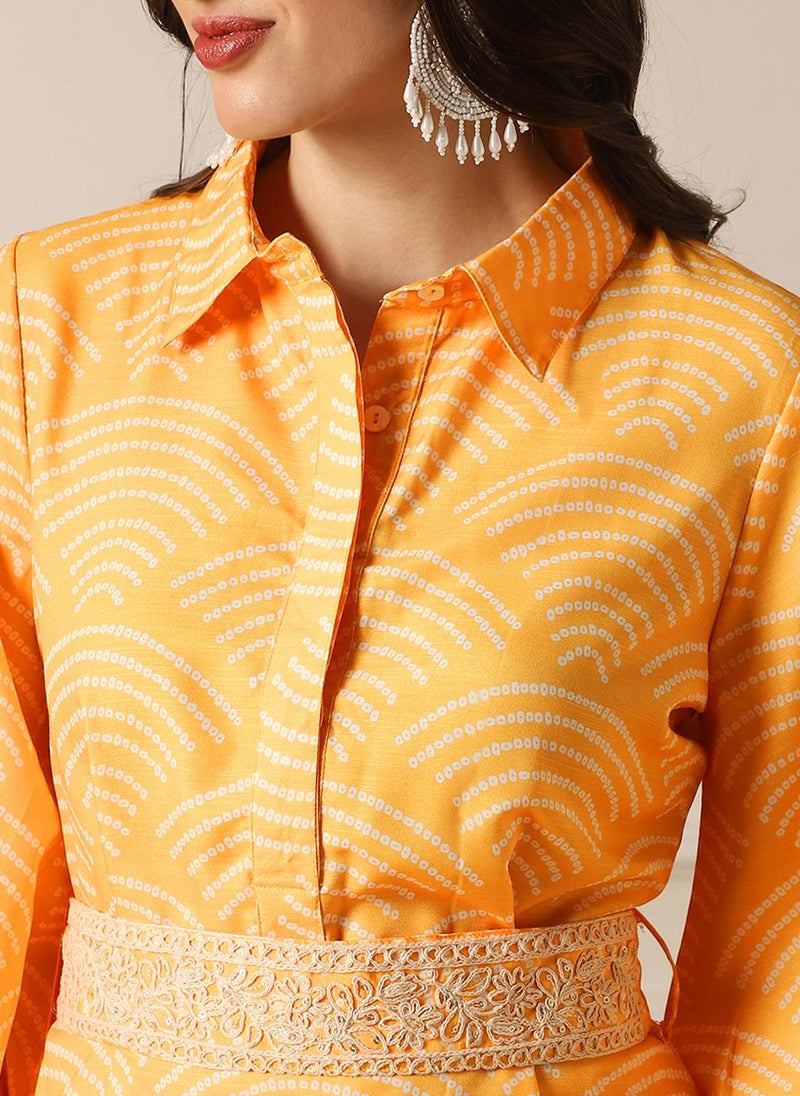 Globus Women Yellow Shirt Collar Puff Sleeves Abstract Print Tunic With Palazzos & Embroidered Belt Fusion Co-Ord Set - Image 5